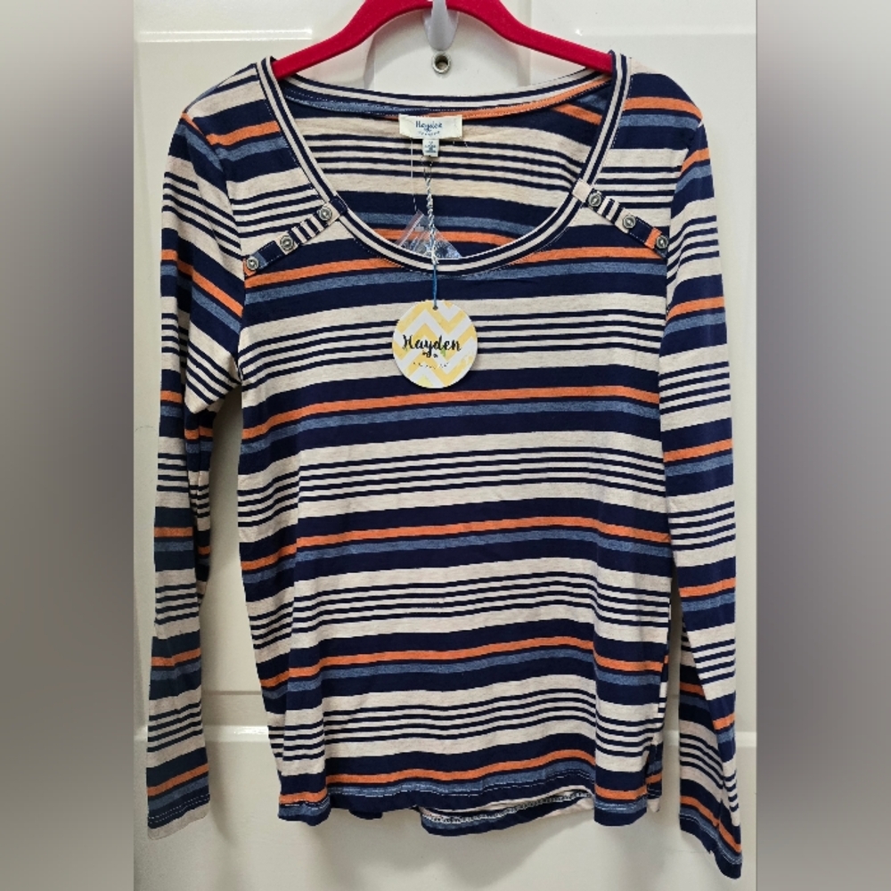 Hayden Navy, White, and Orange Striped Long Sleeve Top-NWT Size Small